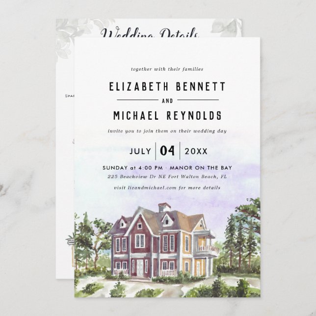 Elegant Manor Villa | Illustrated Wedding Weekend Invitation (Front/Back)