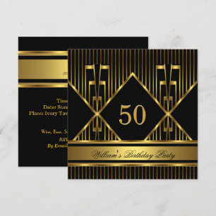 Elegant Mans Black Gold Stripe Birthday Party Mens Invitation