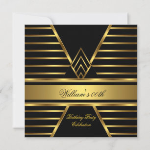 Elegant Mans Black Gold Stripe Birthday Party Mens Invitation