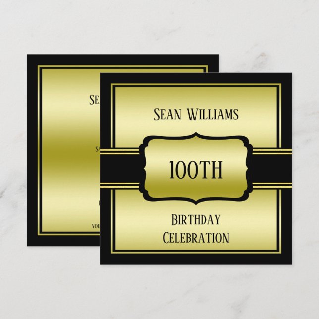 Elegant Man's Gold & Black 100th Birthday Invitation (Front/Back)