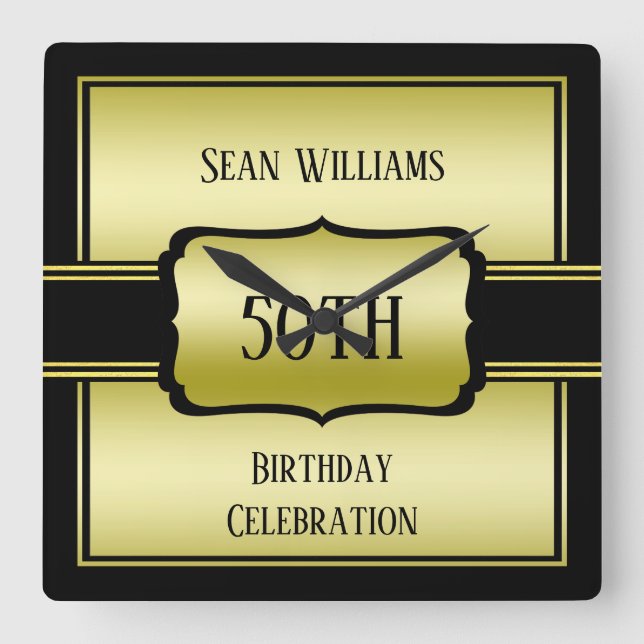 Elegant Man's Gold & Black Birthday Square Wall Clock (Front)