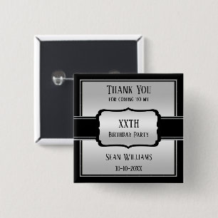 Elegant Man's Silver & Black Birthday Thank You 2 Inch Square Button