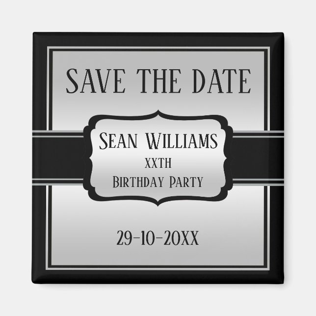 Elegant Man's Silver & Black  Save The Date Magnet (Front)