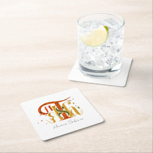 Elegant Manuscript Thanks Autumn Fall Foliage Square Paper Coaster