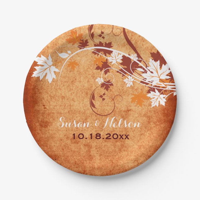 Elegant maple leaves orange fall wedding paper plate (Front)