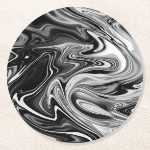 Elegant Marble 7 - Liquid Black and White Round Paper Coaster