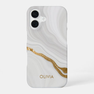 Elegant Marble And Gold Glitter Personalized Name iPhone 16 Case