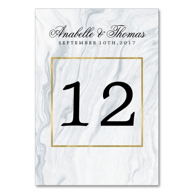 Elegant Marble and Gold Wedding Table Number (Front)