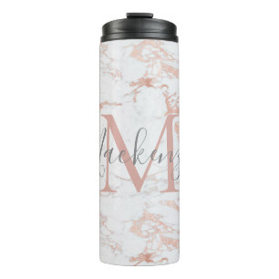 Elegant Marble and Rose Gold Foil Monogram Thermal Tumbler