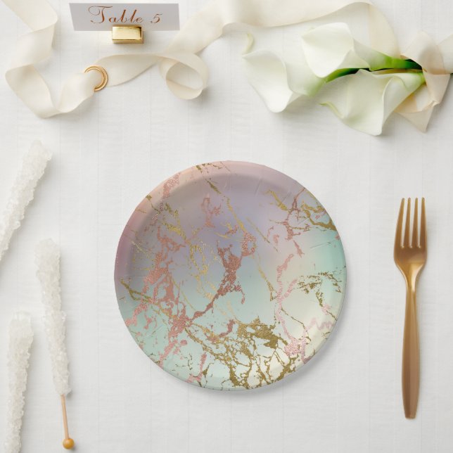 Elegant Marble | Beige Mint Sage Green Rose Gold Paper Plate (Wedding)