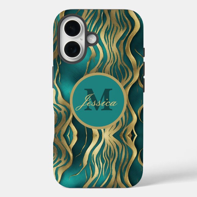Elegant Marble Beige Turquoise Blue Teal Monogram Case-Mate iPhone Case (Back)