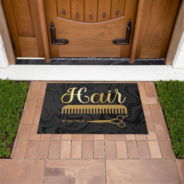 Elegant Marble Black gold Hairstylist Salon Name Doormat (Outdoor)