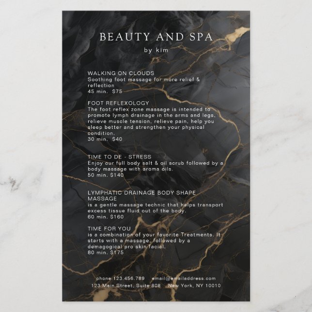 Elegant Marble Black-Gold Salon QR Code Pricelist Flyer (Front)