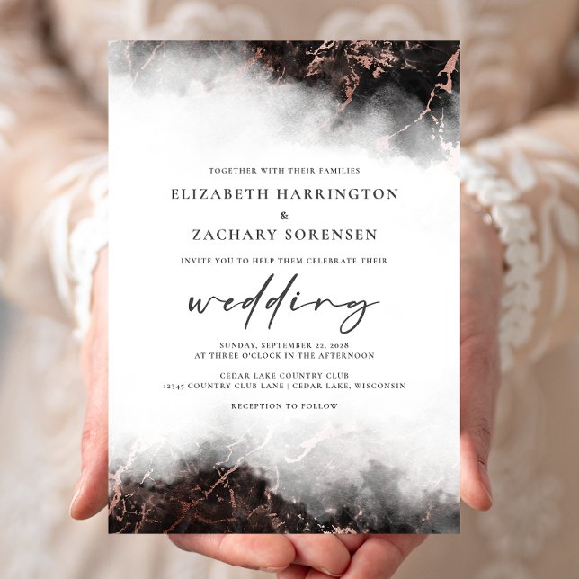 Elegant Marble Black Rose Gold Wedding Invitation (Creator Uploaded)