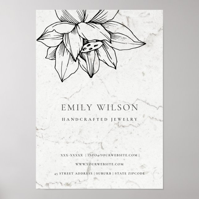 Elegant Marble Black White Lotus Simple Business Poster (Front)