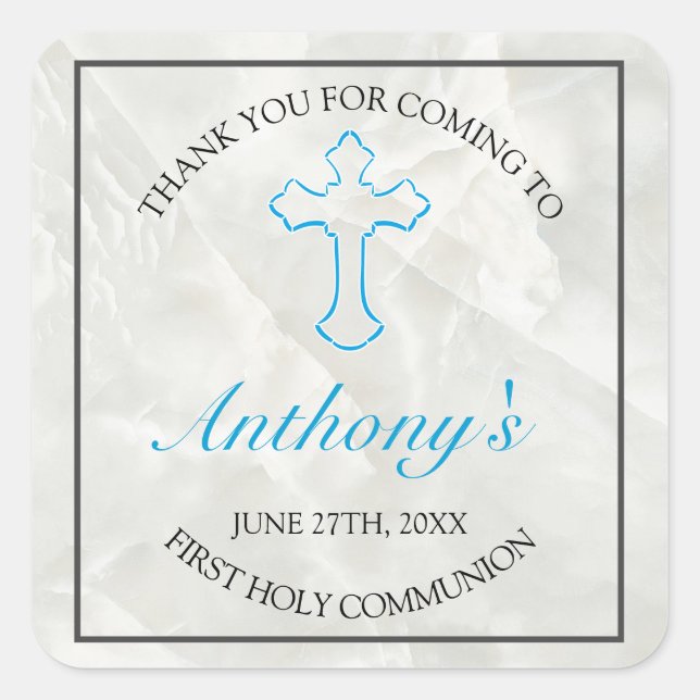 Elegant Marble Boys First Holy Communion Thankyou  Square Sticker (Front)