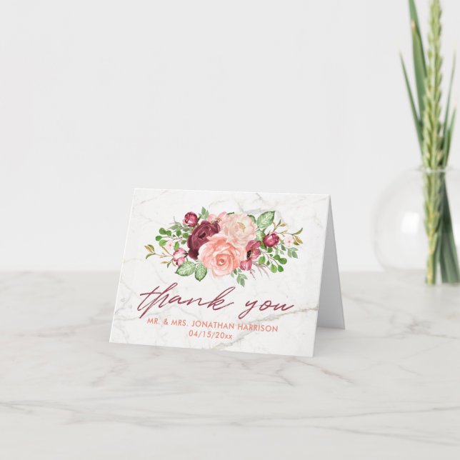 Elegant Marble Burgundy Mauve Peach Thank You (Front)