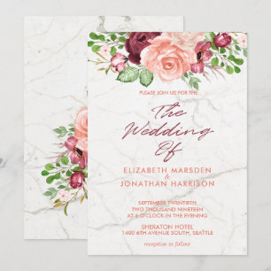 Elegant Marble Burgundy Mauve Peach Wedding Invitation
