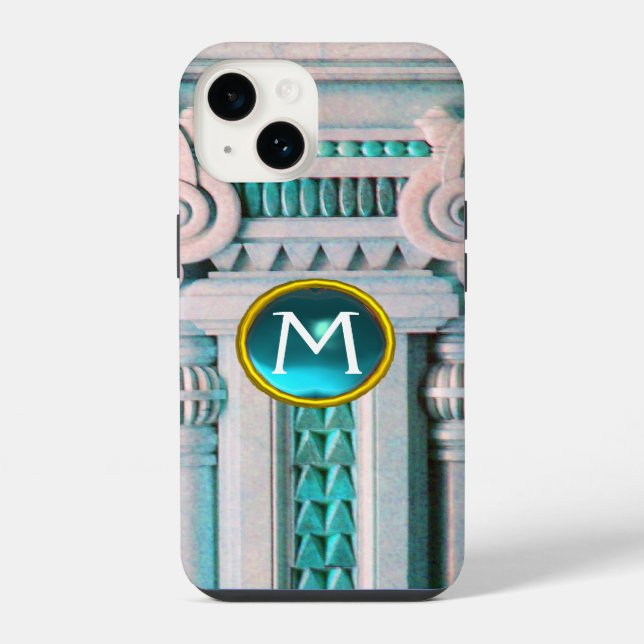 ELEGANT MARBLE COLUMN,PINK BLUE GEM STONE MONOGRAM iPhone CASE (Back)