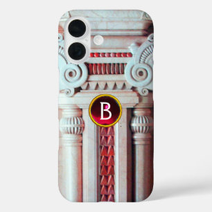ELEGANT MARBLE COLUMN,PINK RED GEM STONE MONOGRAM iPhone 16 CASE