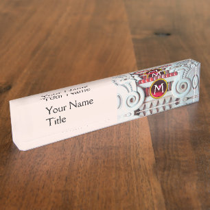 ELEGANT MARBLE COLUMN,PINK RED GEM STONE MONOGRAM NAMEPLATE