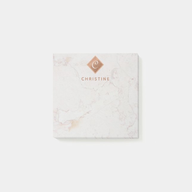 Elegant Marble Copper Monogram Brown Name White Post-it Notes (Front)