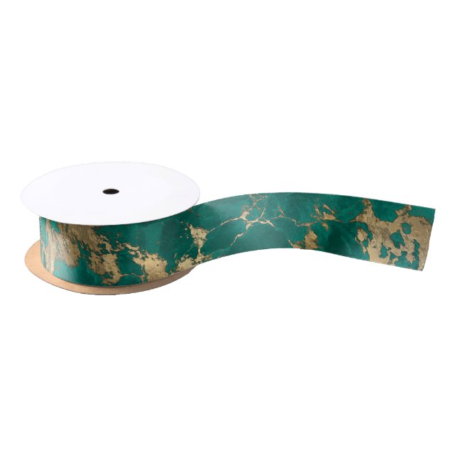 Elegant Marble Dark Teal Green Gold Christmas Satin Ribbon (Spool)