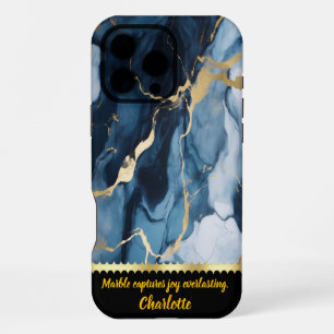 Elegant marble design with blue and gold accents iPhone 16 pro max case