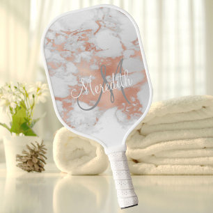 Elegant Marble Effect Rose Gold Name Pickleball Paddle