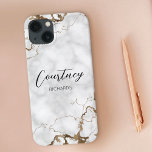 Elegant Marble Faux Gold Glitter Monogram Name iPhone 13 Case<br><div class="desc">Elegant iPhone 13 case with marble and faux gold glitter background and modern calligraphy fonts for your name or initials. The phone cover includes space to add your name or monogram, you can even add your logo if you use this phone case for your business. This modern marble iPhone cover...</div>