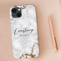 Elegant Marble Faux Gold Glitter Monogram Name