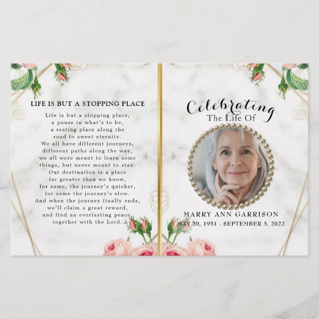 Elegant Marble Floral Celebration of Life Program (Front)