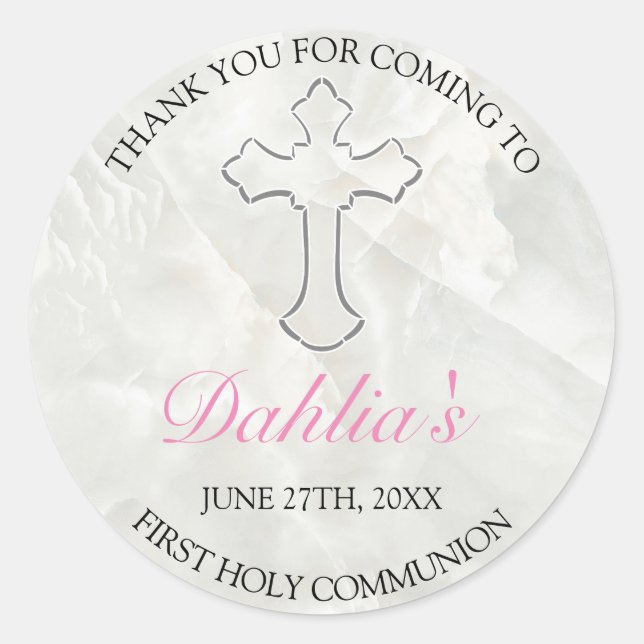 Elegant Marble Girls First Holy Communion Thankyou Classic Round Sticker (Front)