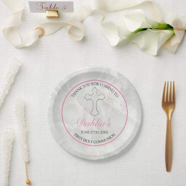 Elegant Marble Girls Pink First Holy Communion Paper Plate (Wedding)