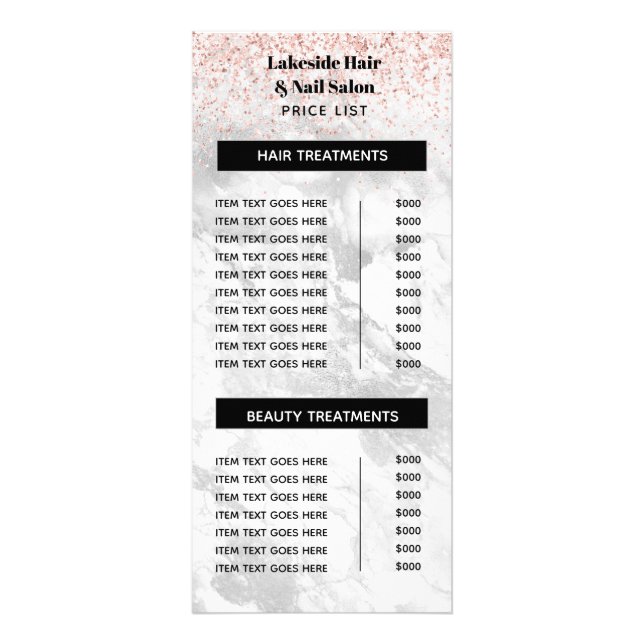 Elegant Marble Glitter Salon Price list Services   Rack Card (Front)