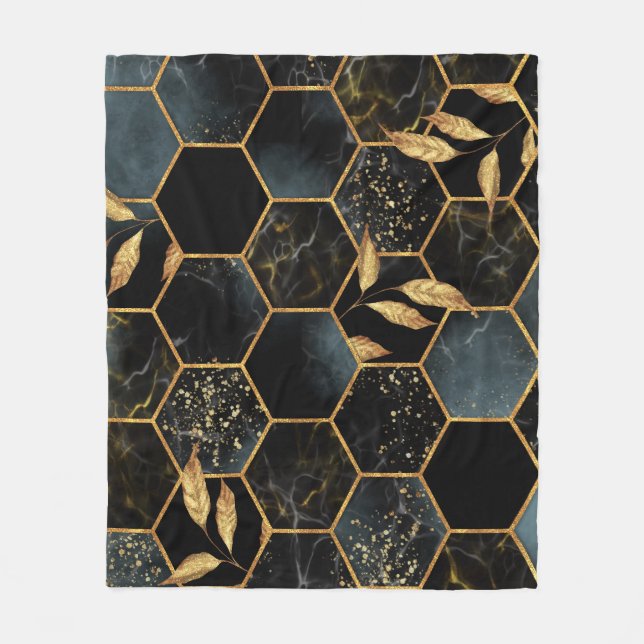 Elegant Marble & Gold: Abstract Hexagon Texture Fleece Blanket (Front)