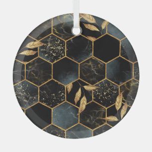 Elegant Marble & Gold: Abstract Hexagon Texture Glass Ornament