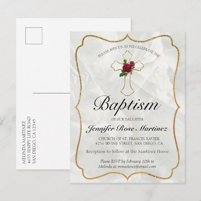 Elegant Marble Gold Baby Baptism Postcard Invite (Front/Back)