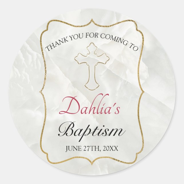 Elegant Marble Gold Baby Baptism Thank You Classic Round Sticker (Front)