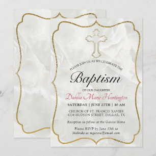 Elegant Marble Gold Baby Girls Baptism Invitation