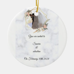 Elegant Marble Gold Floral Wedding Invitation  Ceramic Ornament