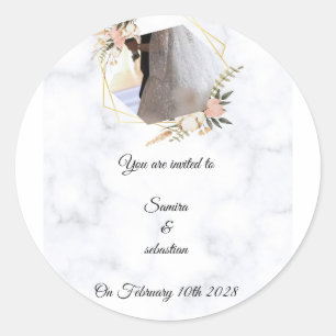 Elegant Marble Gold Floral Wedding Invitation  Classic Round Sticker