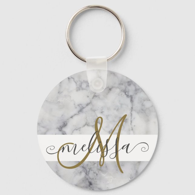 Elegant Marble Gold Monogram Script Name Keychain (Front)