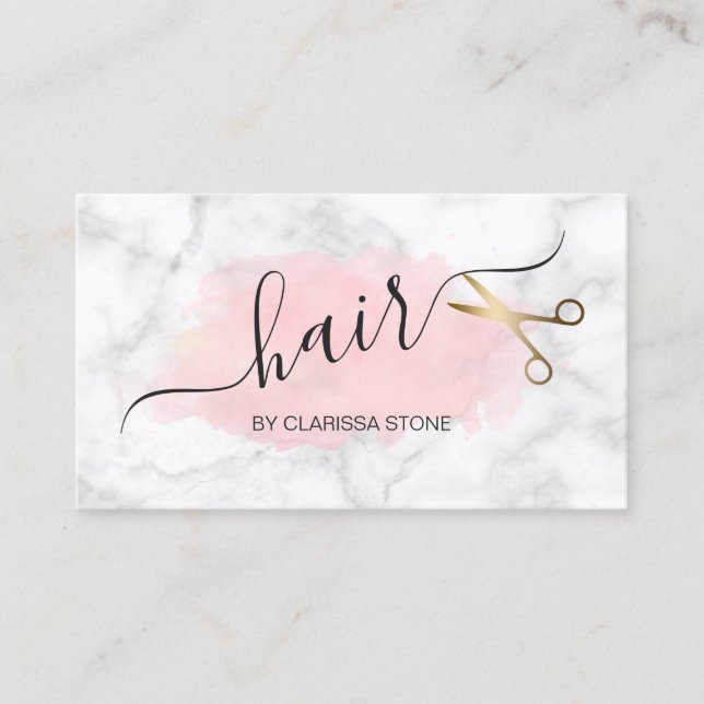 Elegant marble & gold scissors hairstylist business card (Front)