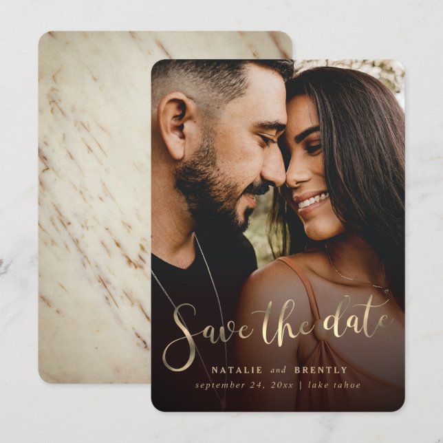 Elegant Marble Gold Script & Full Bleed Photo Save The Date (Front/Back)