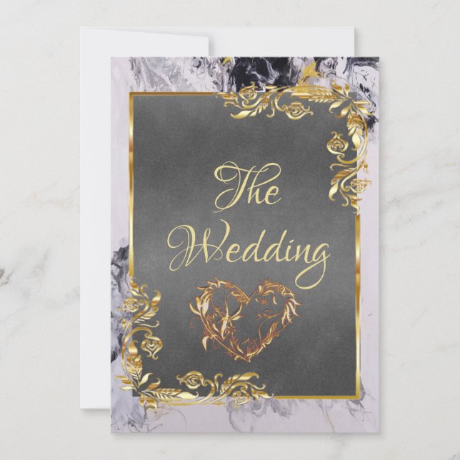 Elegant Marble, Grey, Gold Frame, Gold Heart Invitation (Front)