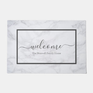 Elegant marble grey script family name welcome  doormat