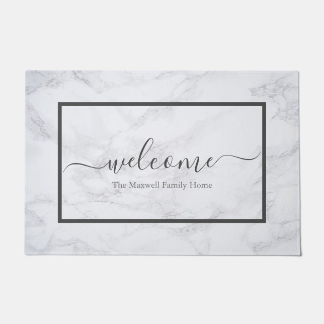Elegant marble grey script family name welcome  doormat (Front)