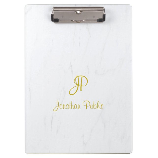 Elegant Marble Handwriting Script Gold Monogram Clipboard (Front)