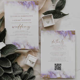 Elegant Marble Lavender Gold QR Code Wedding Invitation